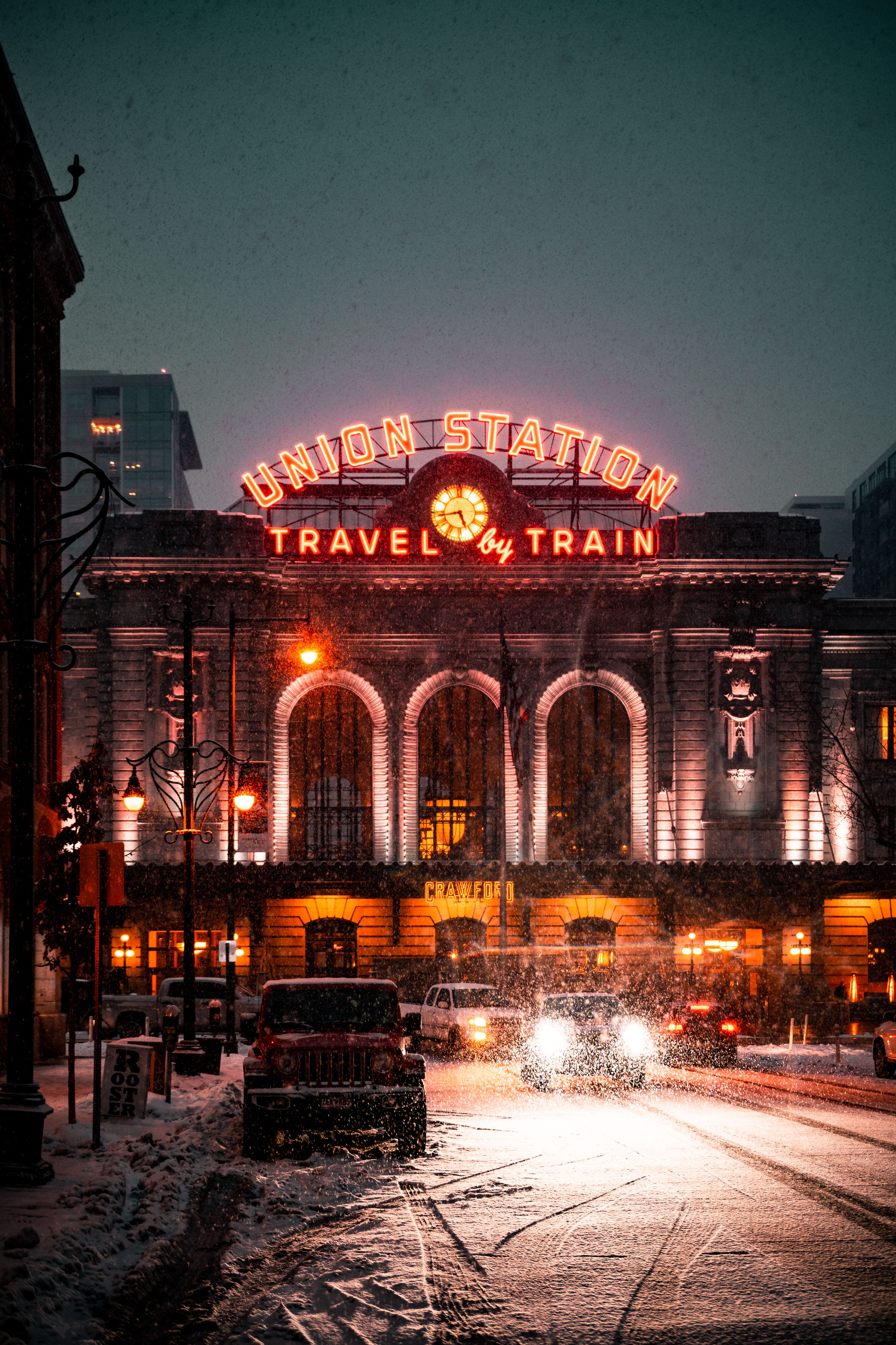 Denver Union Station lit up at night, the starting point for most Denver itineraries