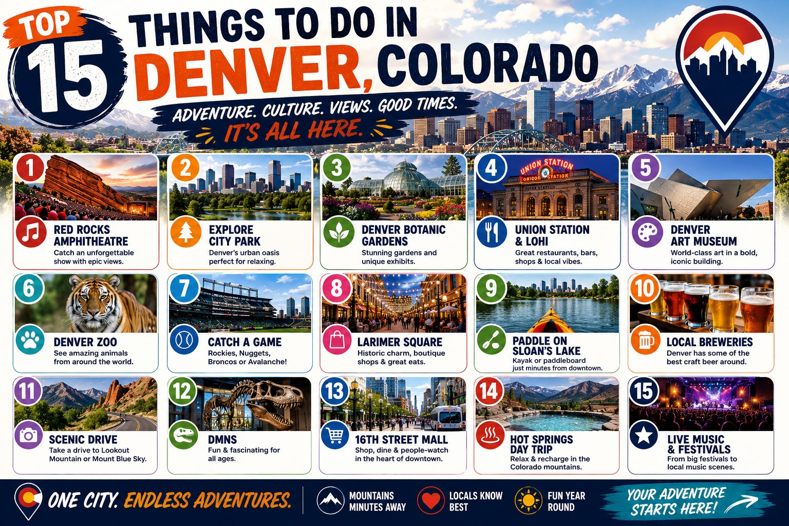 Infographic listing the top 15 things to do in Denver Colorado including Red Rocks Amphitheatre, Denver Museum of Nature and Science, Meow Wolf, Denver Botanic Gardens, Union Station, Denver Zoo, Colorado State Capitol, Denver Art Museum, RiNo murals, the United States Mint, 16th Street, City Park, Confluence Park, pro sports and Elitch Gardens